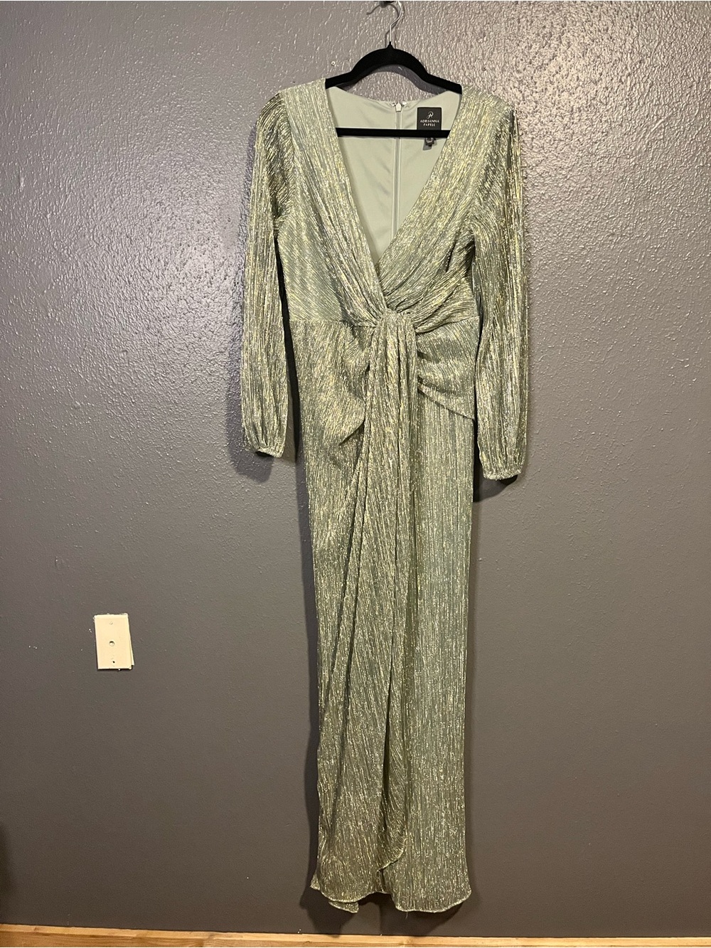 Adrianna Papell Metallic Sage Twist-Front Long Sleeve Gown